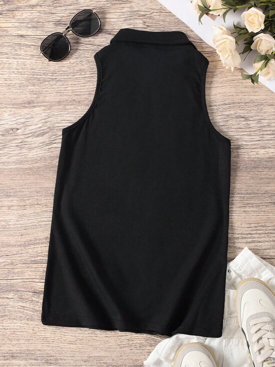 Black Casual Women's Zipper Half Placket Turn-Down Collar Tank Top - Picture 2 of 8